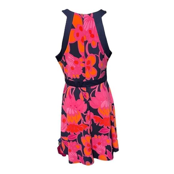 NEW Trina Turk Halter Dress A Line Pink Orange Navy Floral Knee Length Womens 8 - Picture 2 of 7
